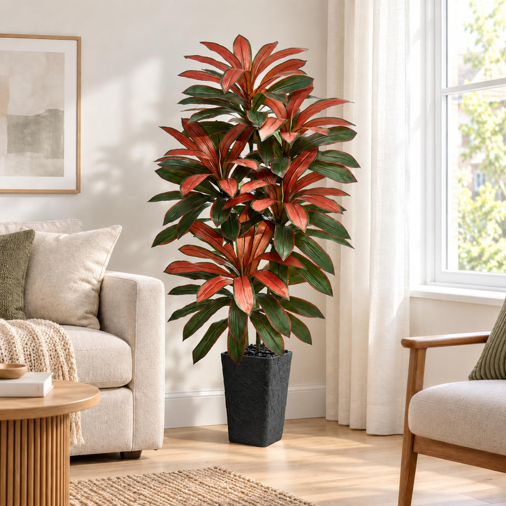 Artificial Red Dracaena Tree 6FT - Fake Tree with Black Tall Planter