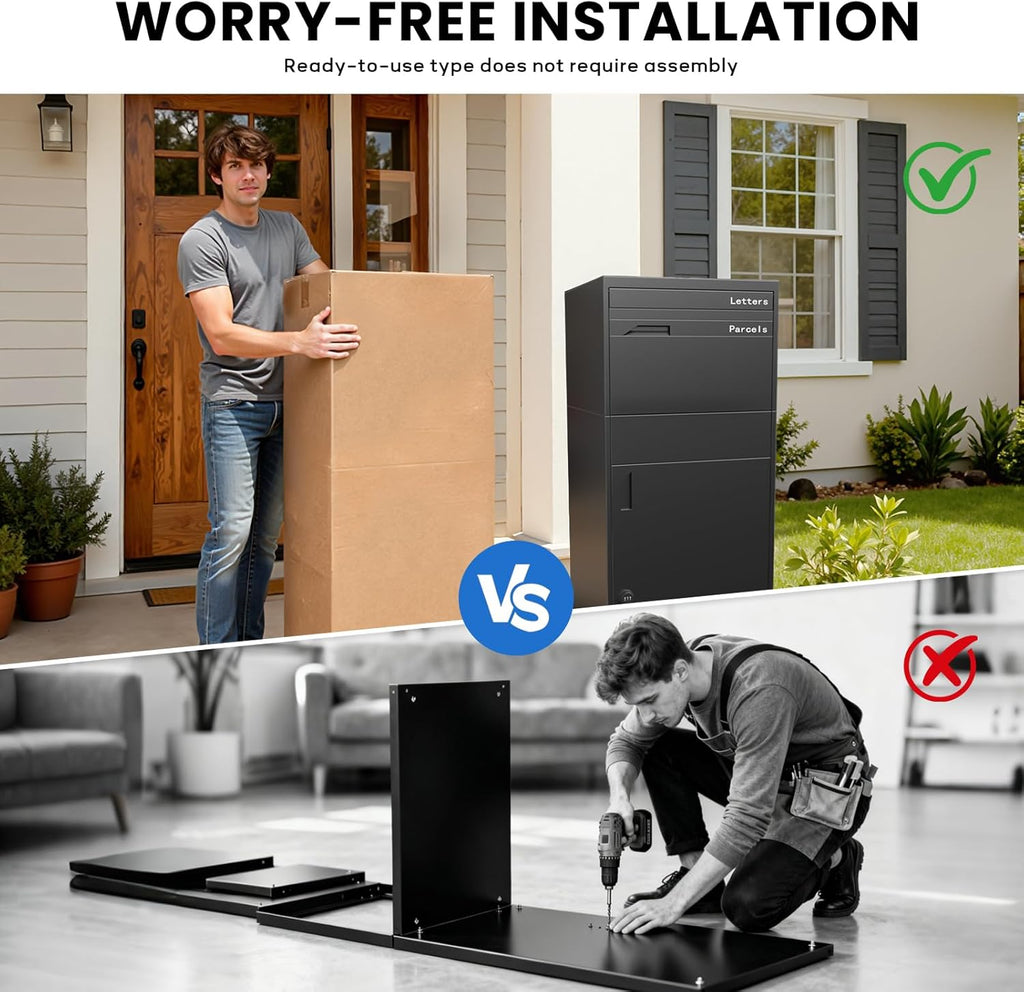 Package Delivery Box, Pre-Assembled No-Install Parcel Drop Box, Weatherproof Anti-Theft Steel Design (Forged Iron Black)