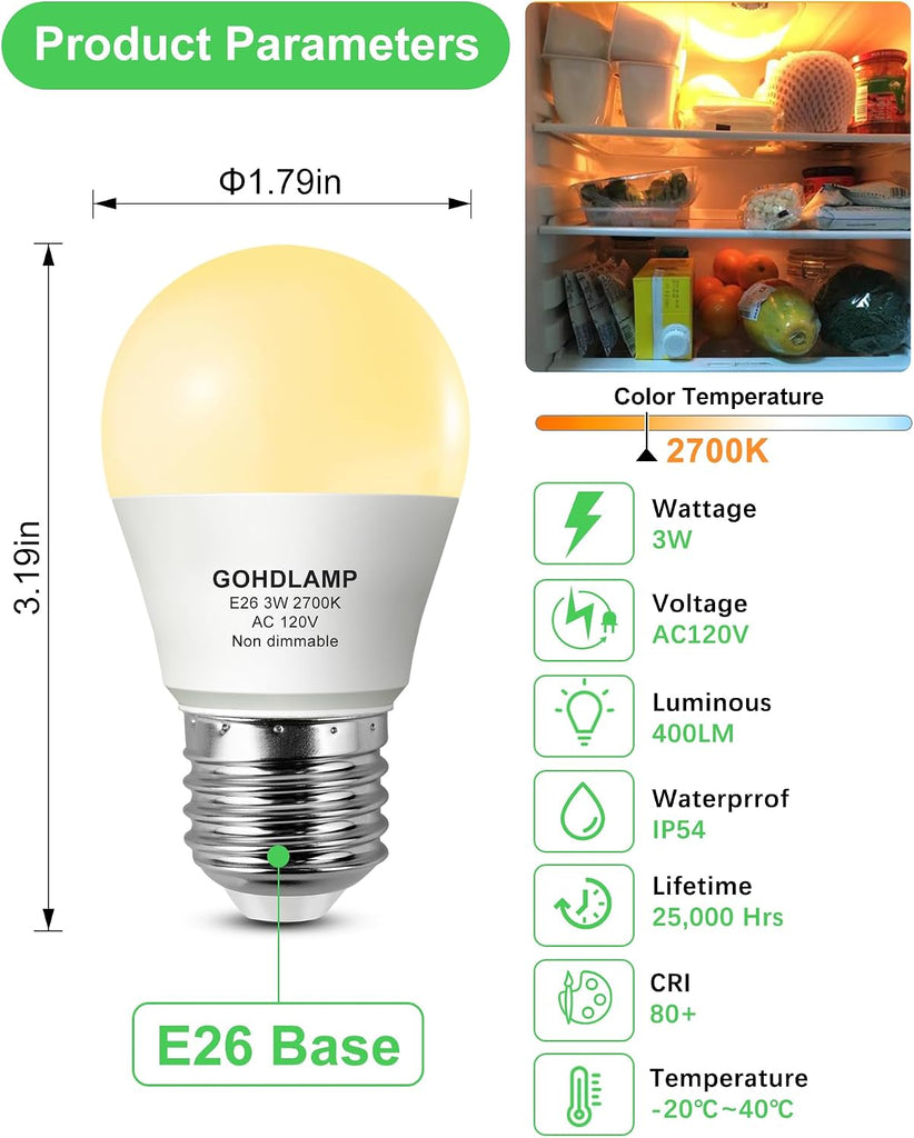 E26 A15 LED Refrigerator Light Bulb, 3W 2700K, 3-Pack