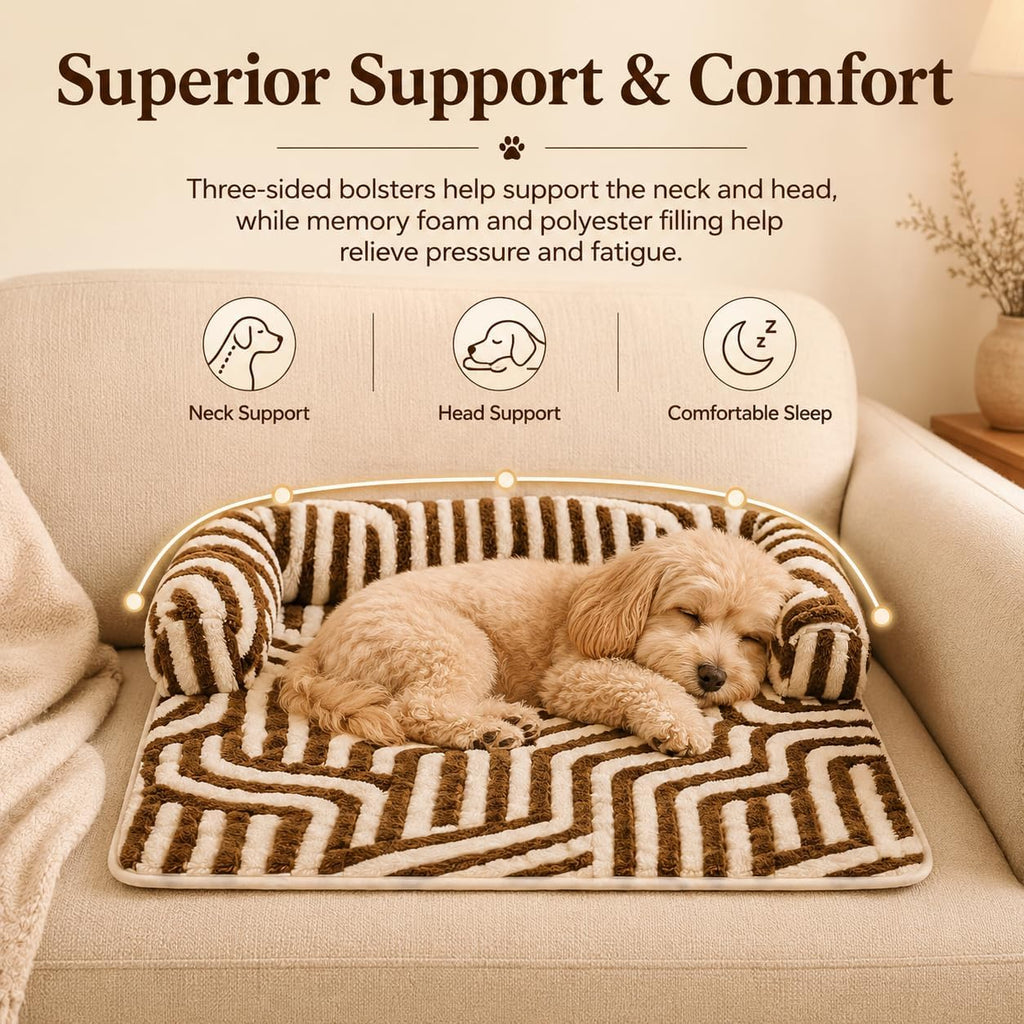 Calming Dog Bed Mats, Couch Bed Mat, Soft Flannel 3-Sided Bolster Pet Sofa Bed Supports Head & Neck, Brown Zebra