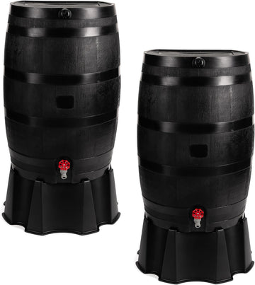 50-Gallon ECO Rain Barrel Made with 100% Recycled Plastic, Flat Back Rain Water Collection Barrel, Stand and Link Kit
