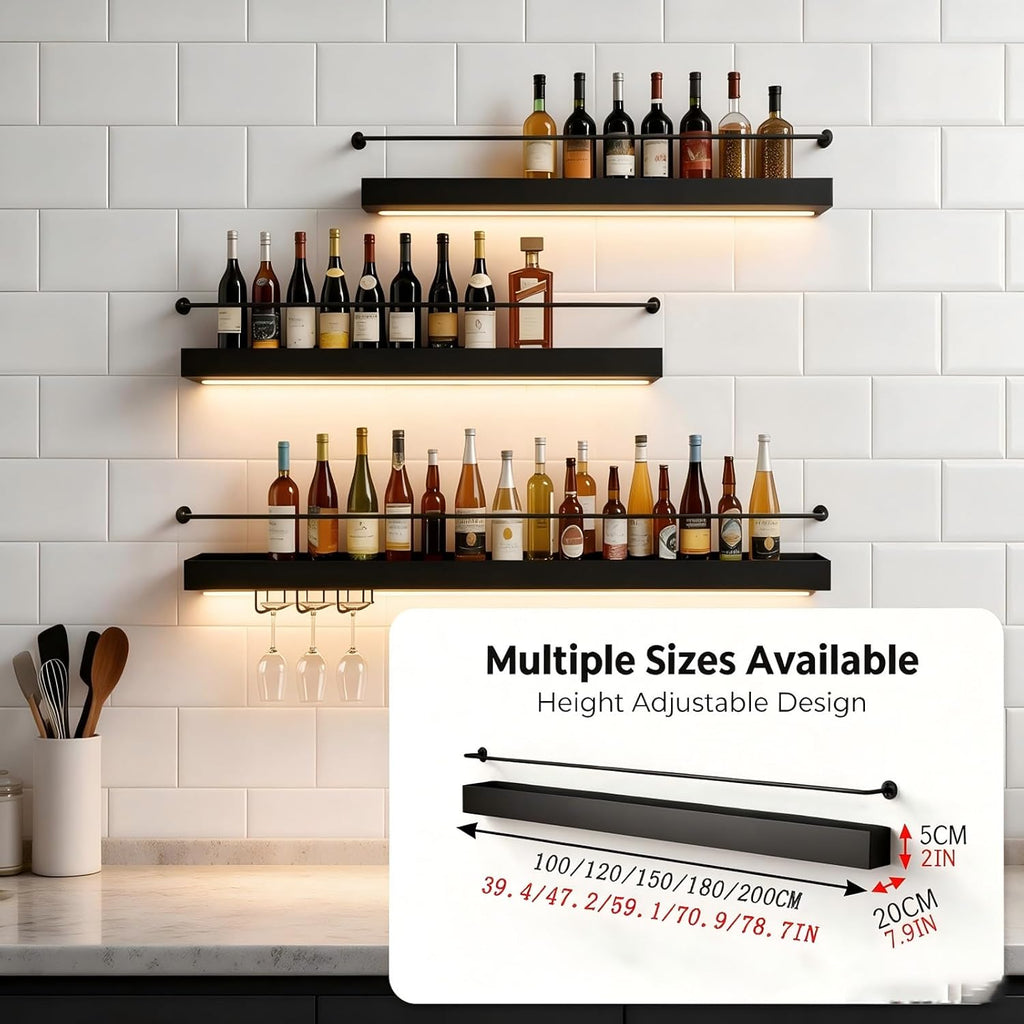 39IN Wall Mounted Wine Rack with LED Lights(White) | 3 tier industrial-style metal bottle rack glass holder hanging