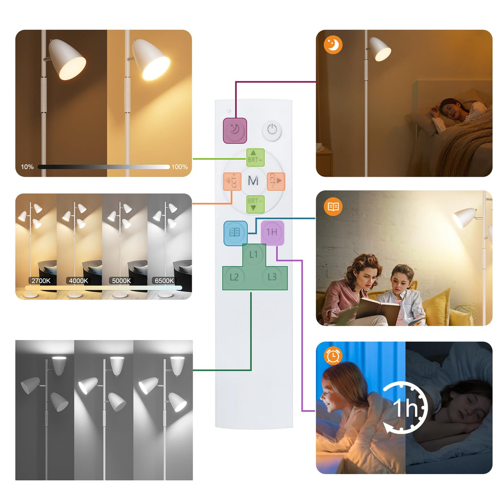 36W LED Floor Lamp, Modern White 3-Light Tree Standing Lamp