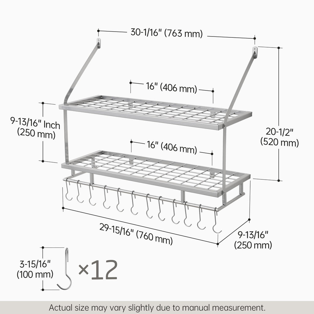 Silver Gray Pot Rack Wall Mounted, 100 Lbs Capacity
