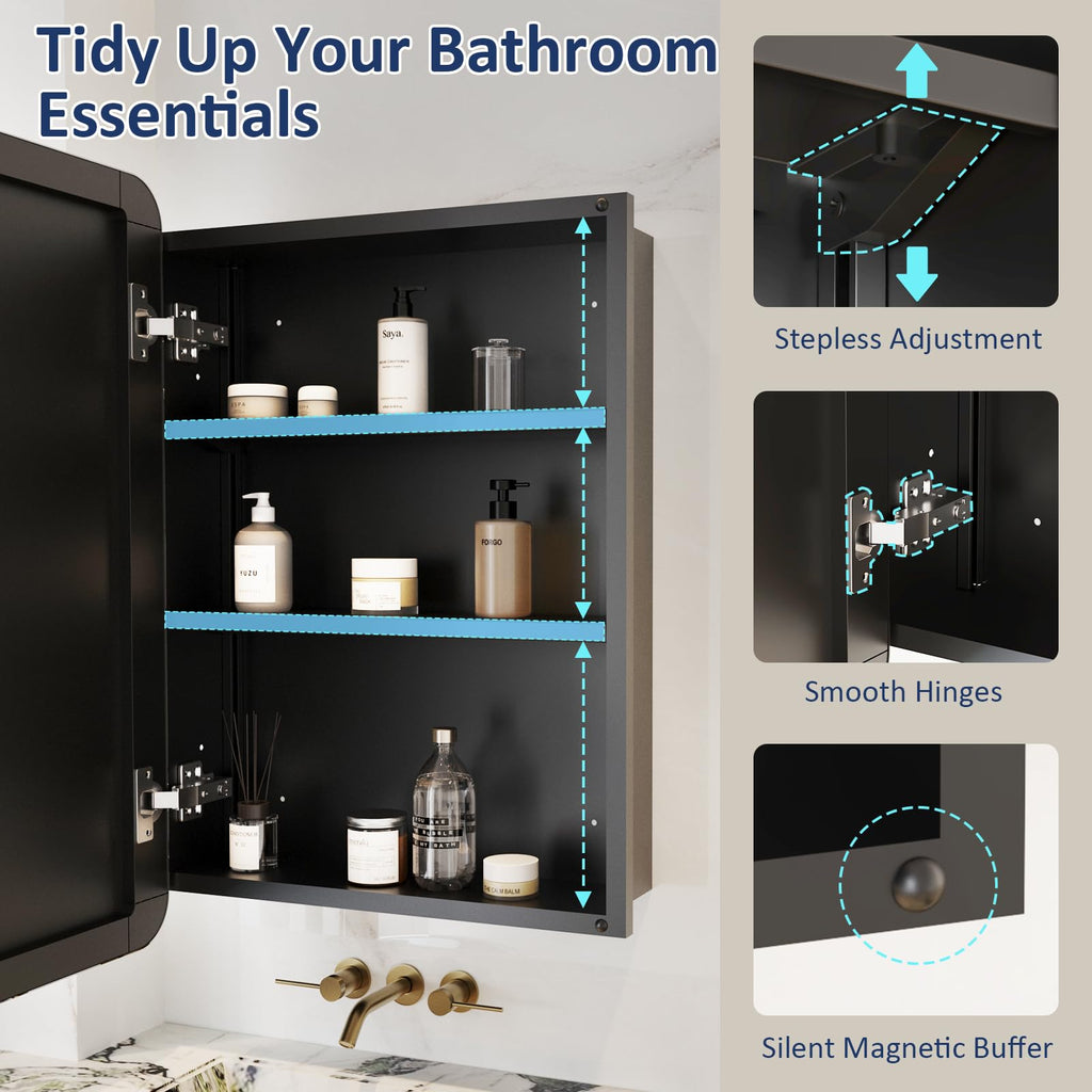 Medicine Cabinet Mirror 20x26 Inch, Chrome Bathroom Mirror Cabinet with Stepless Adjustable Shelves, Stainless Steel