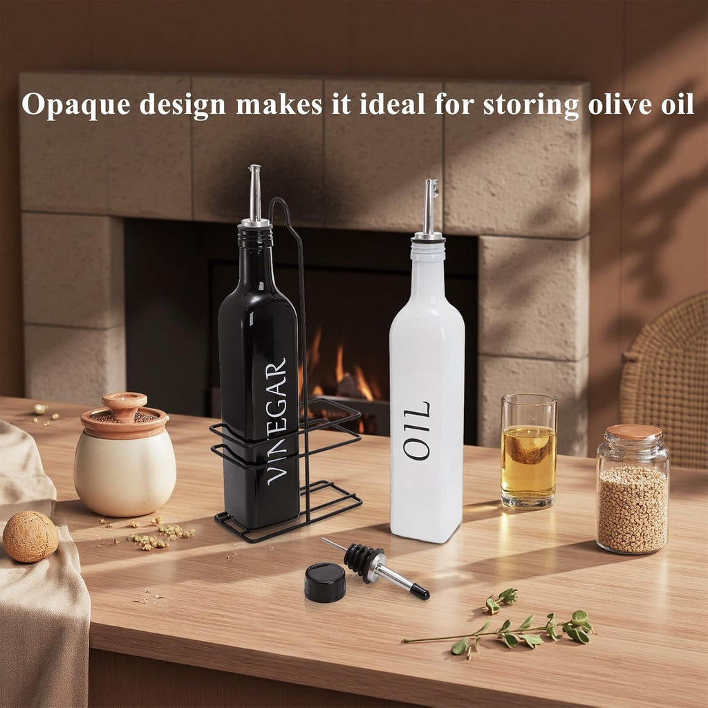 Oil and Vinegar Dispenser Set with Caddy Holder, 17oz Black & White Olive Oil Dispenser Bottle, Cute Modern - Set of 2