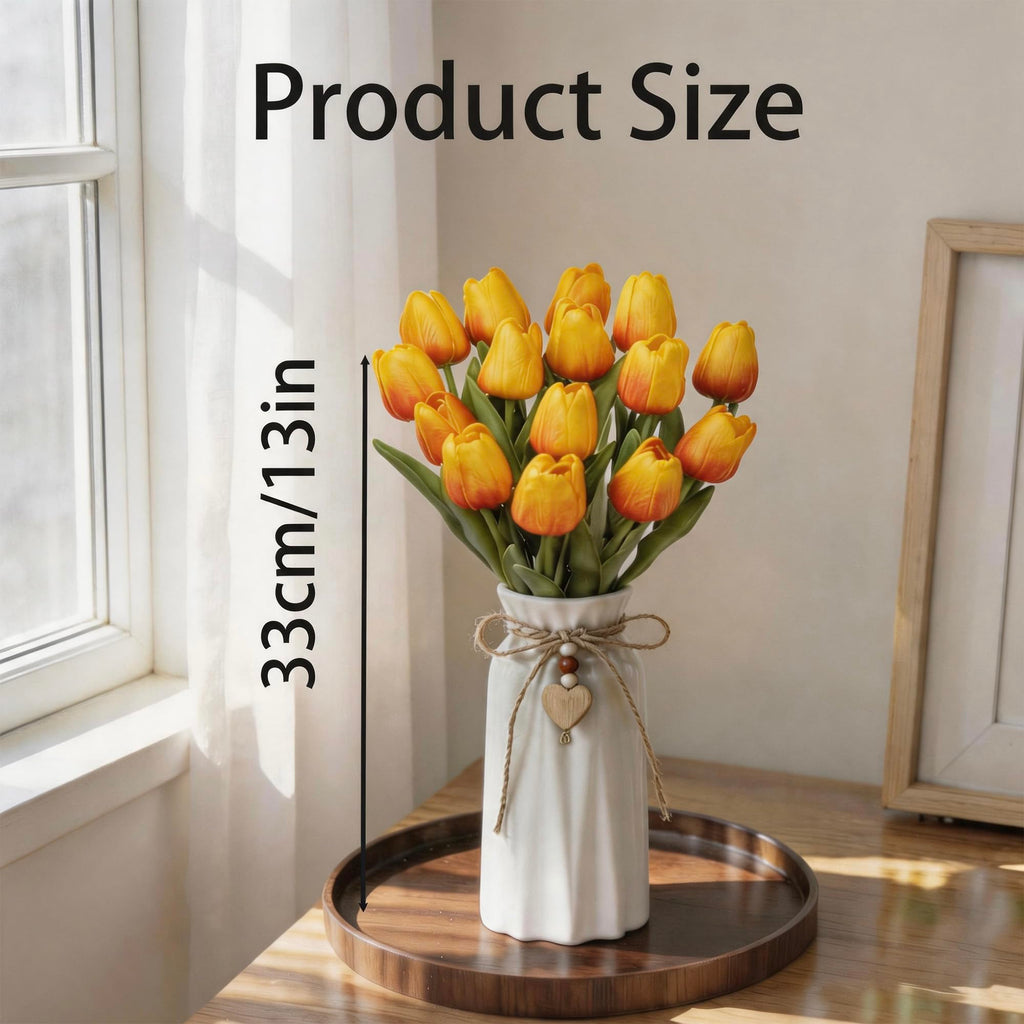Artificial Tulip Flower Arrangement in Ceramic Vase with Rustic Heart Charm, 15 PCS PU Real Touch Faux Floral Table