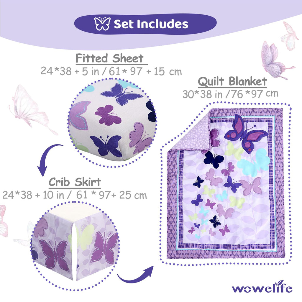 Butterfly Mini Crib Bedding Set, 3 Piece Baby Bedding Set Butterfly, Mini Crib Nursery Bed Set, Breathable and Soft