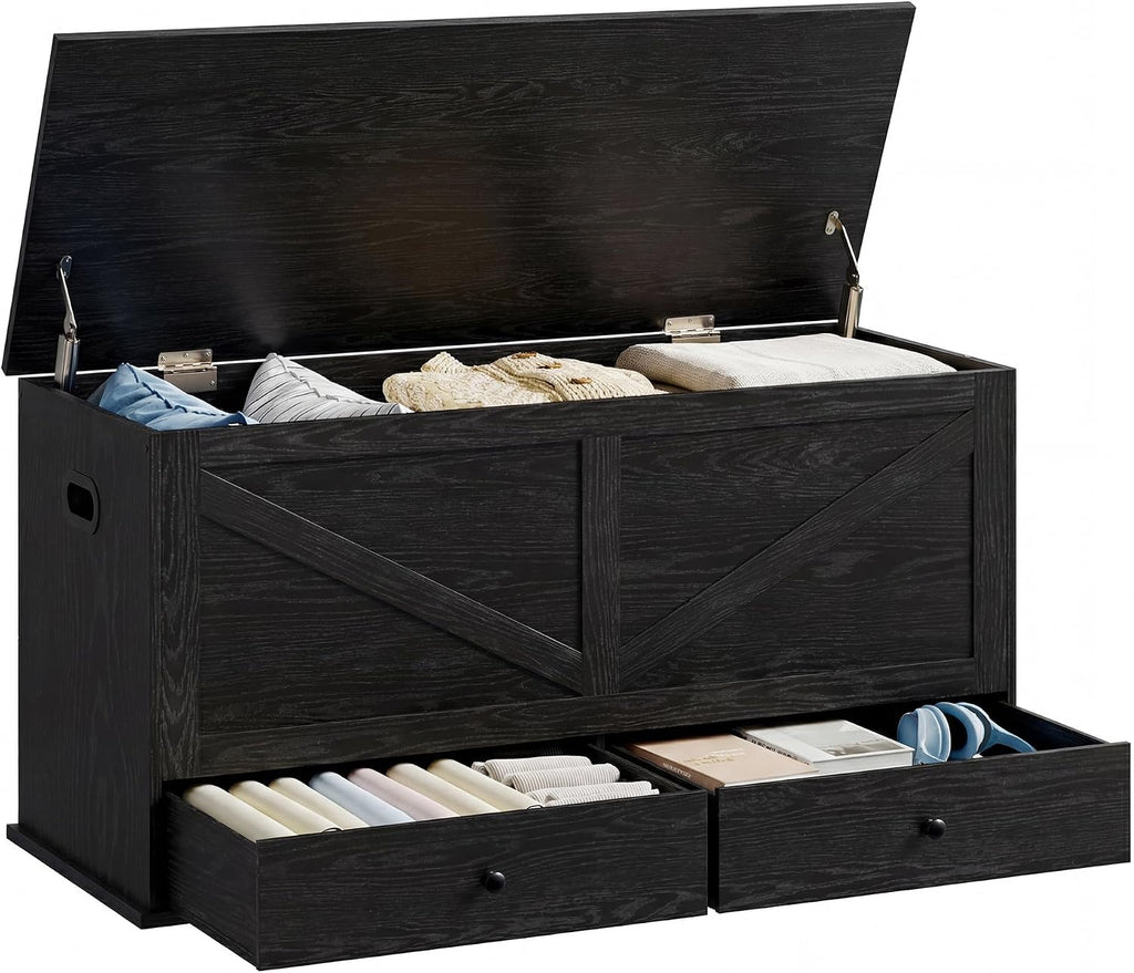 Storage Chest, Storage Bench with 2 Fabric Drawers, Farmhouse Style, 15.7 x 39.4 x 19.9 Inches, Ebony Black ULSB043B02