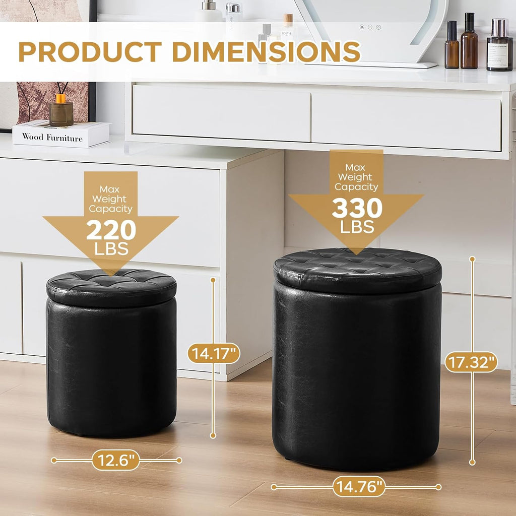 Round Ottoman with Storage Set of 2, 12.6" W x 14.17" H & 14.76" W x 17.32" H Faux Footstool Storage Ottomans Padded