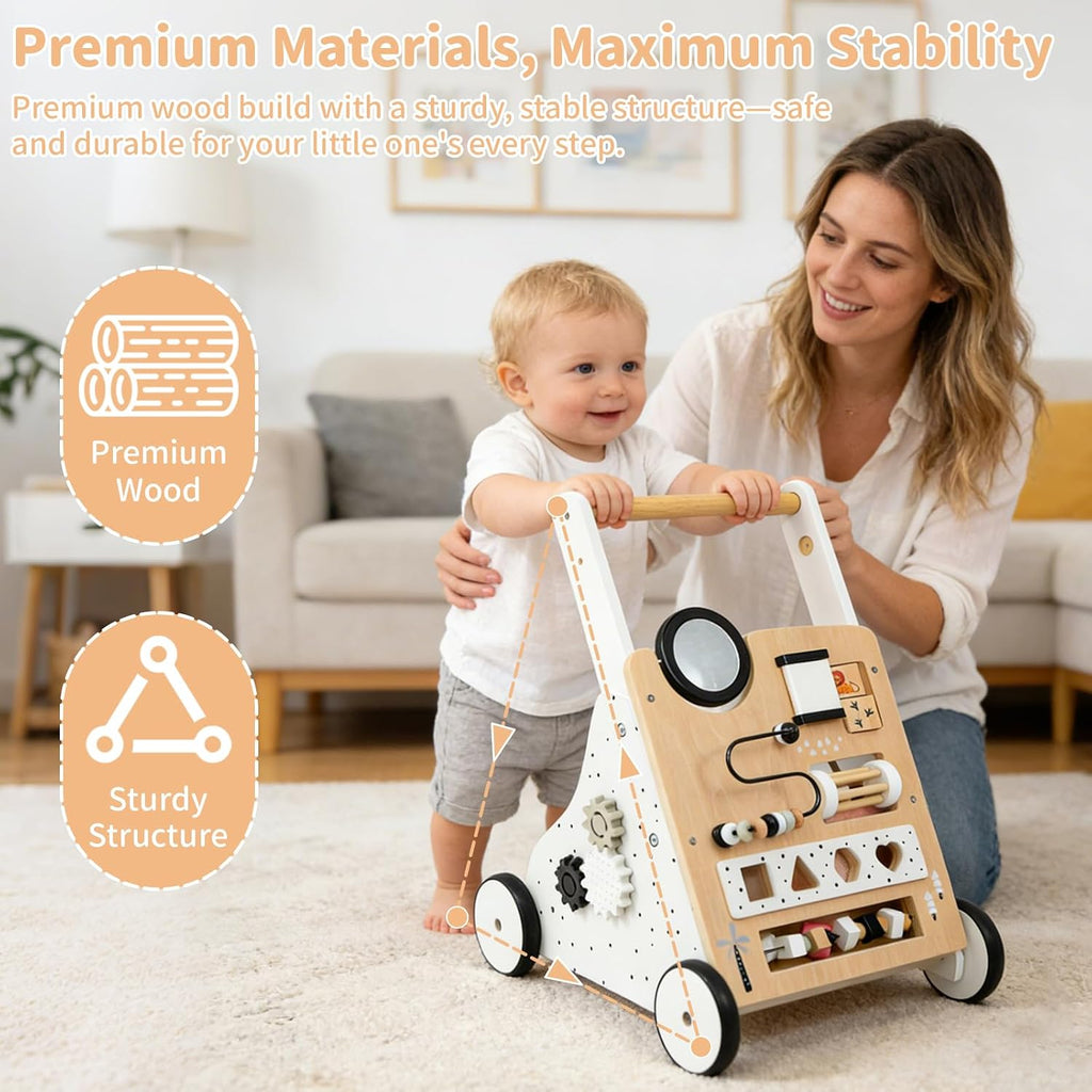 Wooden Baby Walker for Toddlers 1-3, Adjustable Height Montessori Push Toy with in-1 Activity Center, Baby Push