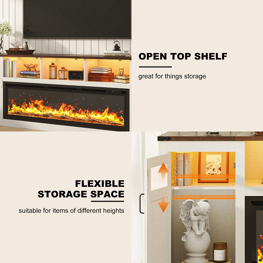 95" Fireplace TV Stand, Farmhouse Entertainment Center for 100" TV, White