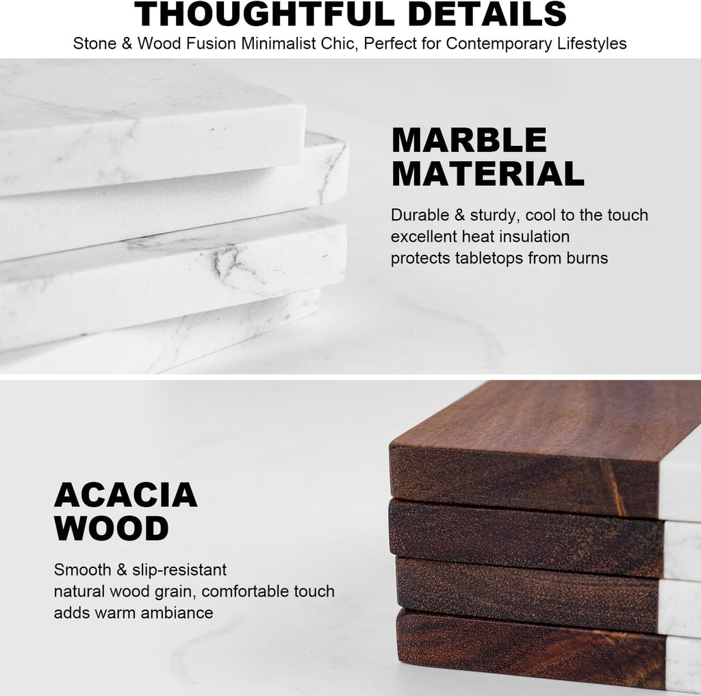 Marble Coasters: 4-piece Set of Acacia Wood Marble Coasters, Suitable for Kitchens, Offices, and can be Used as Gifts - Set of 4