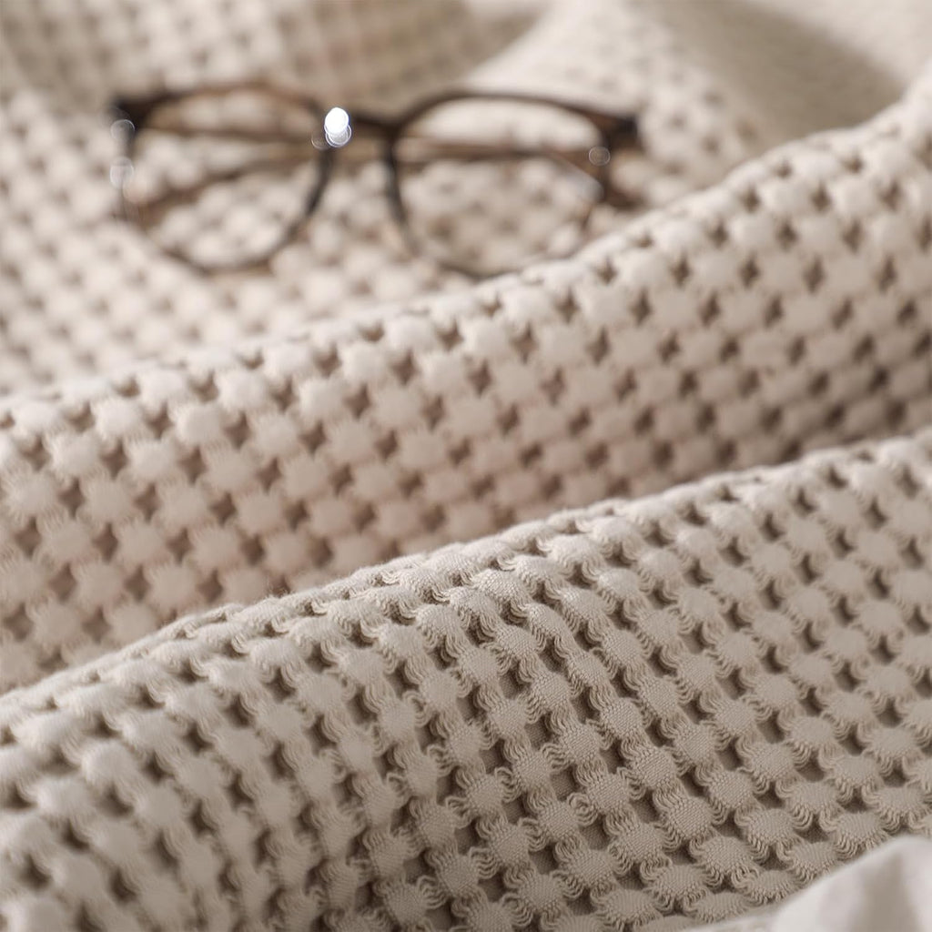 Waffle Weave Blanket 43" x 63" 100% Cotton Neutral Boho Farmhouse Woven Knitted Beige Throw with Ruffles Warm Soft