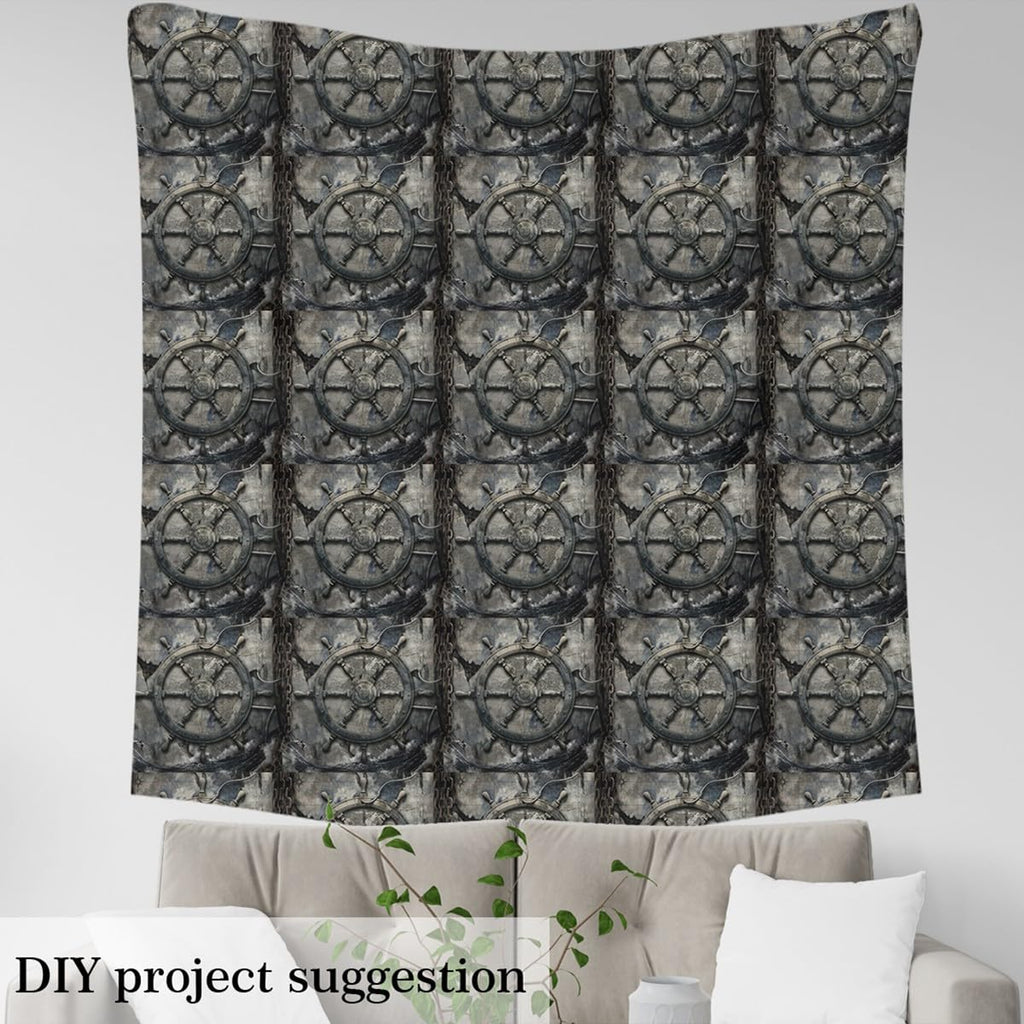Gothic Ship Rudder Fabric By The Yard, Retro Map Upholstery Fabric, Scary Ocean Chain Decorative Fabric, Pirate Theme