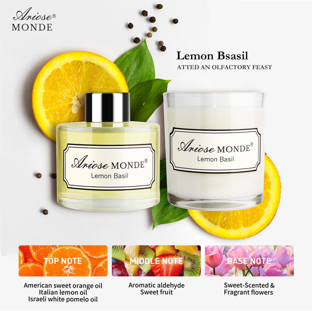Reed Diffuser & Candle Gift Set, Lemon Oil Diffuser Decor