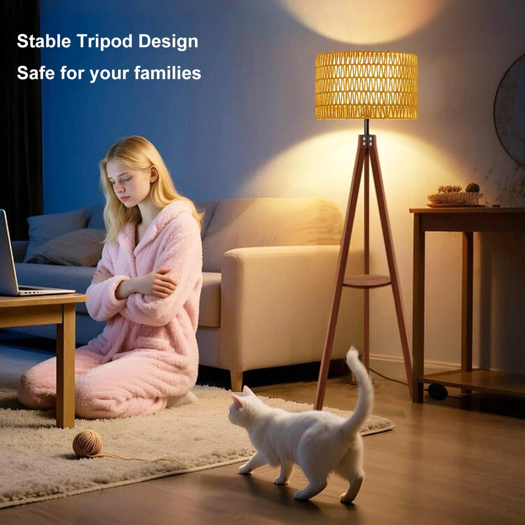 Boho Tripod Floor Lamp with Shelf, Double Lampshades Mid-Century Standing Lamps