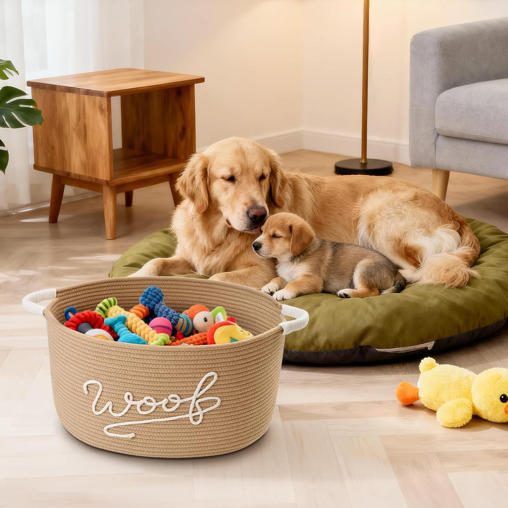 Woof Dog Toy Basket, Large Dog Toy Storage Bin with Durable Handles, Woven Dog Basket for Blankets, Toys, Chews, Pet