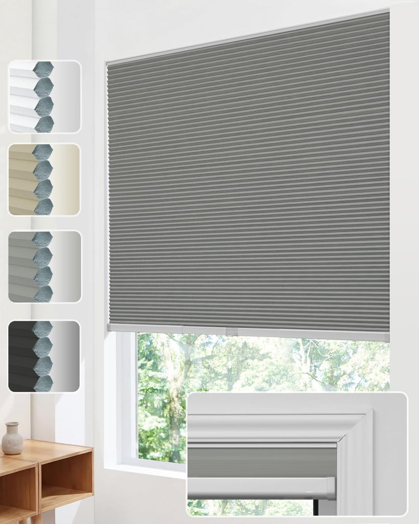 No Drill Cellular Shades, Trim-to-Fit Blackout Cordless Hone - Grey