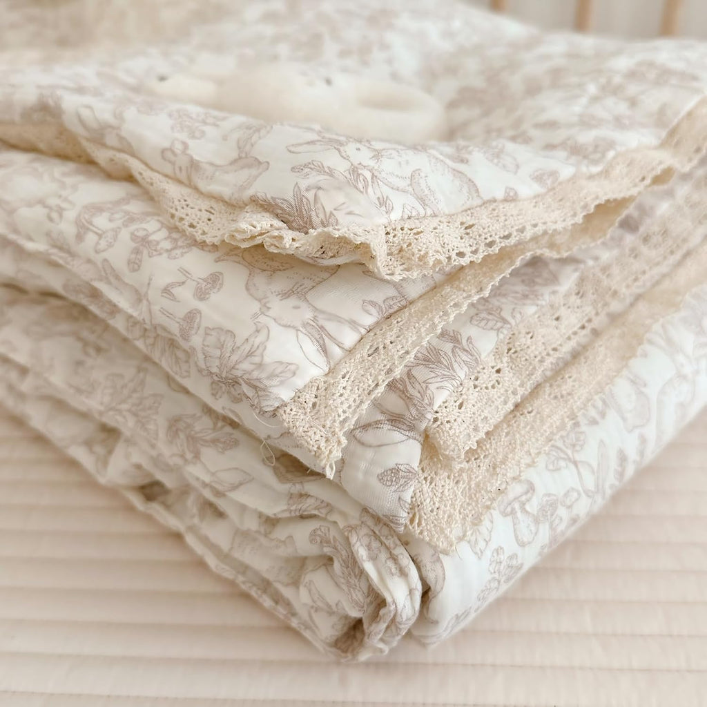 Cotton Muslin Blanket for Toddler Girls Boys Rabbit Pattern Baby Quilted Blanket Lightweight Soft Toddler Comforter