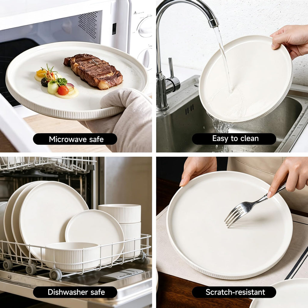 Stoneware Dinnerware Sets for 4, 12Pcs Plates and Bowls Set, Cream White