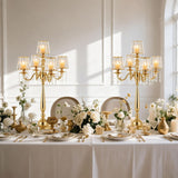 5 Arms Crystal Candelabra Centerpieces for Tables, Gold Floor Candle Holder with Glass Shade Pendants, 33 inch Tall