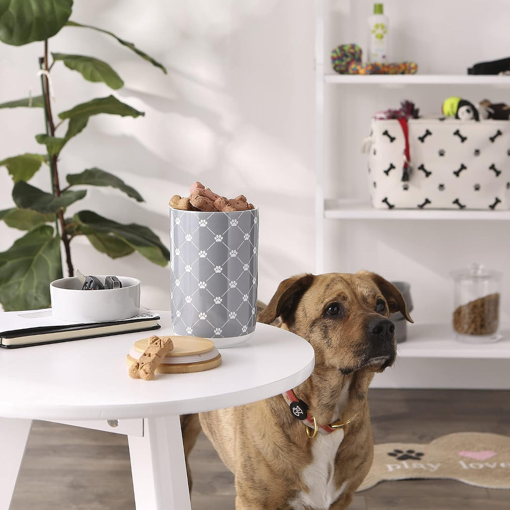 Trellis Paw Print Pet Treat Canister with Bamboo Lid Dog & Cat Treat Jar for Countertop Storage, Keep Training Bones