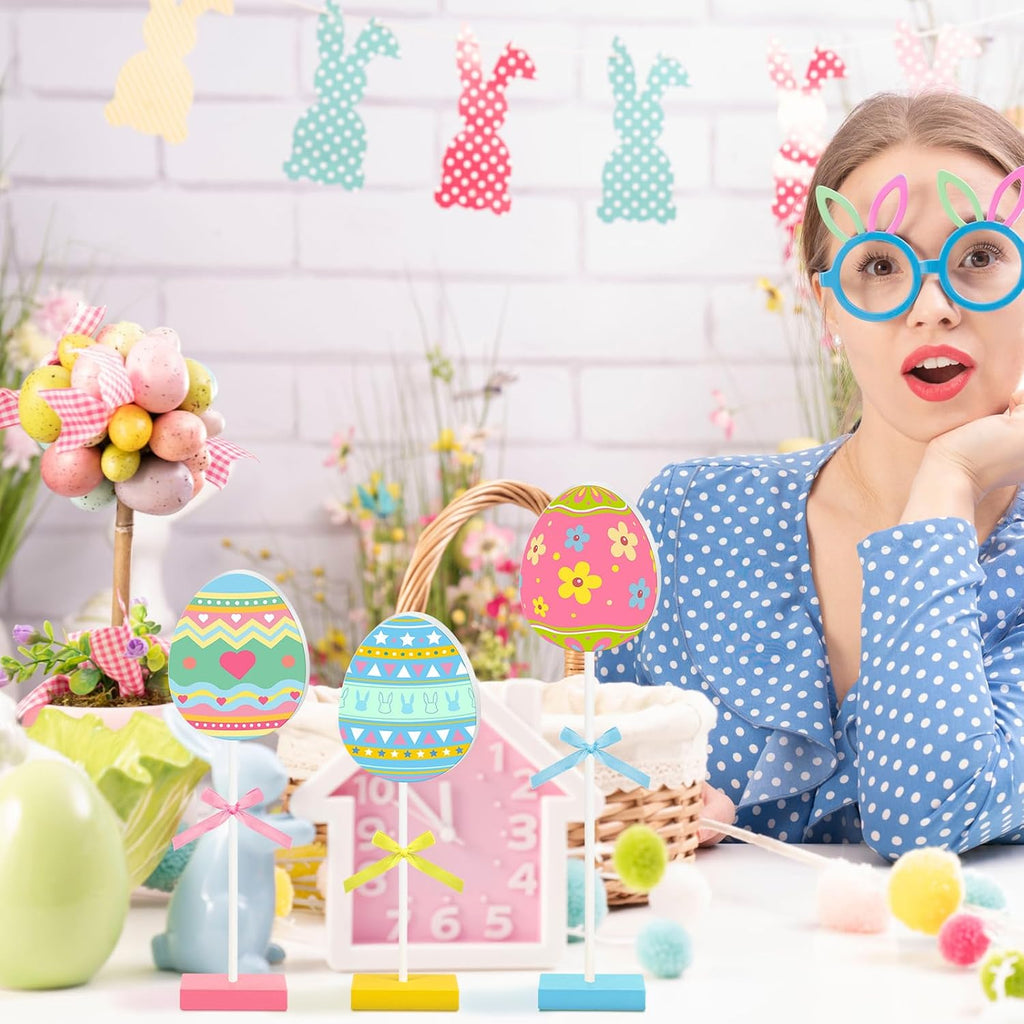 Easter Table Decorations Eggs Wooden Sign Set Spring Tall Standing Sign Colorful Table Centerpiece Bunny Floral - Set of 6