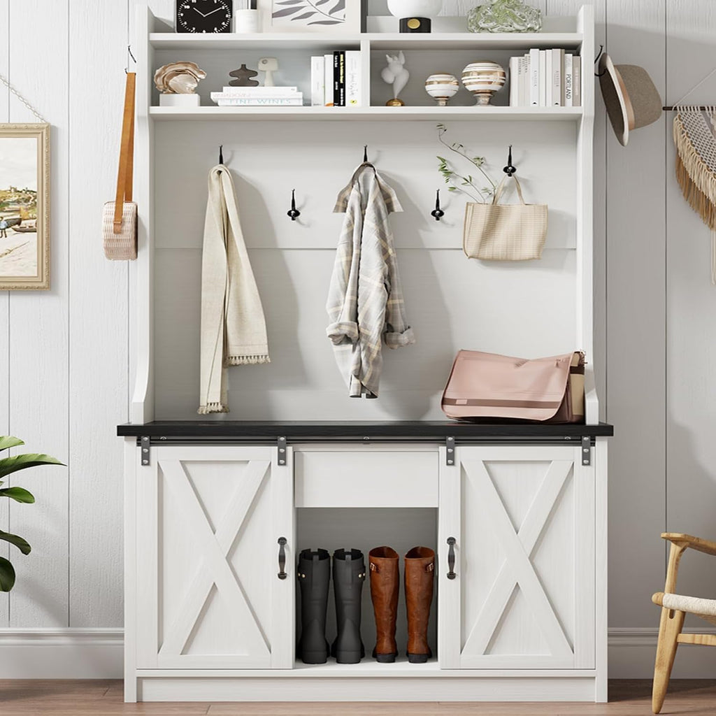 Farmhouse Hall Tree with Bench & Shoe Storage, White
