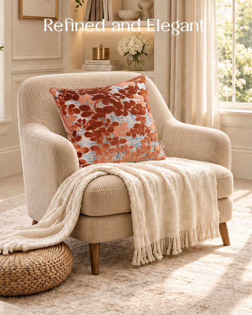 Cut Velvet Throw Pillow Cover, 20x20 Inch, Rust Round Leaf