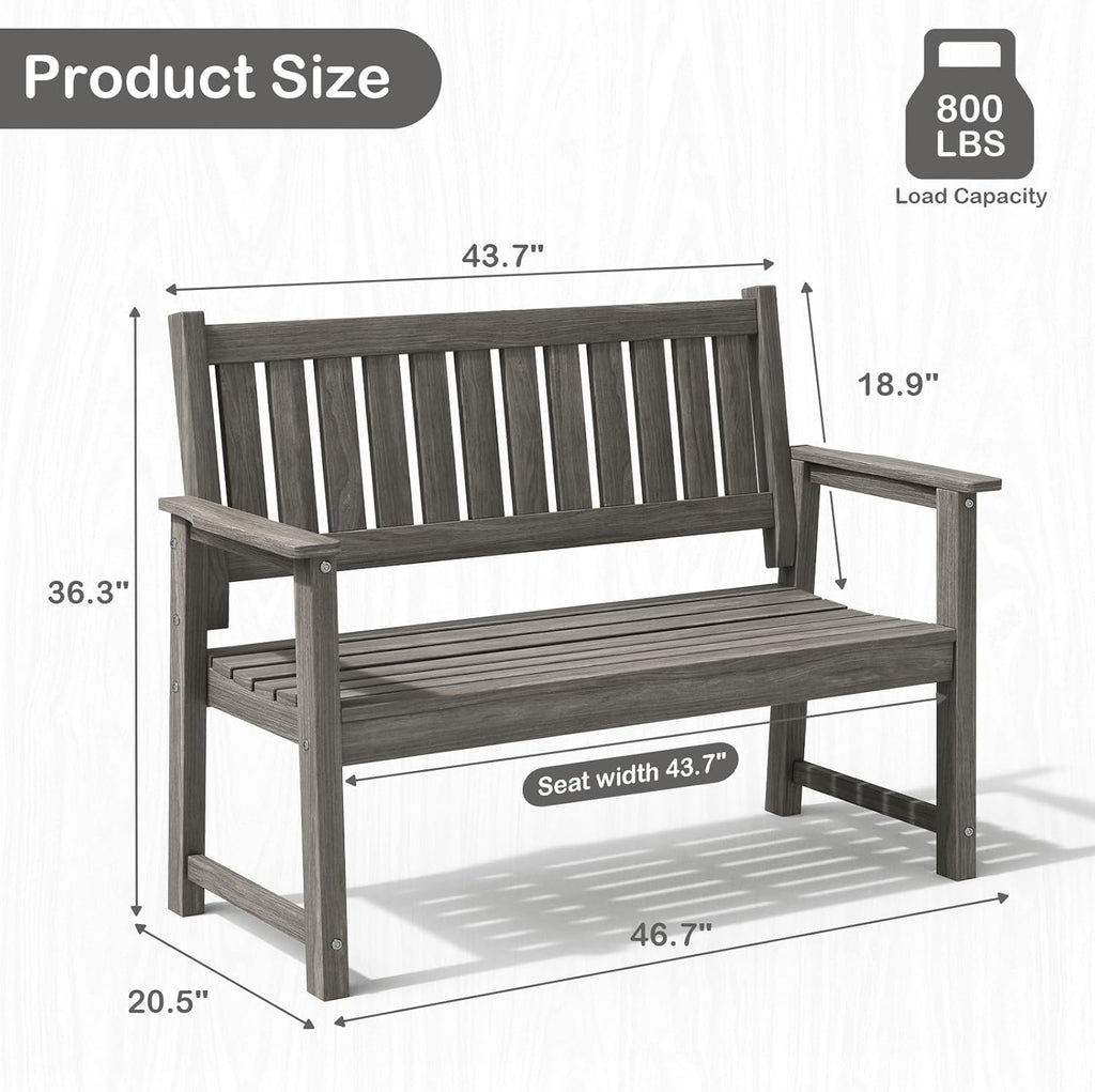 All Weather Poly Lumber Outdoor Garden Bench, 2-Person, Light Gray | 700 Lbs Weight Capacity Heavy Duty Weatherproof