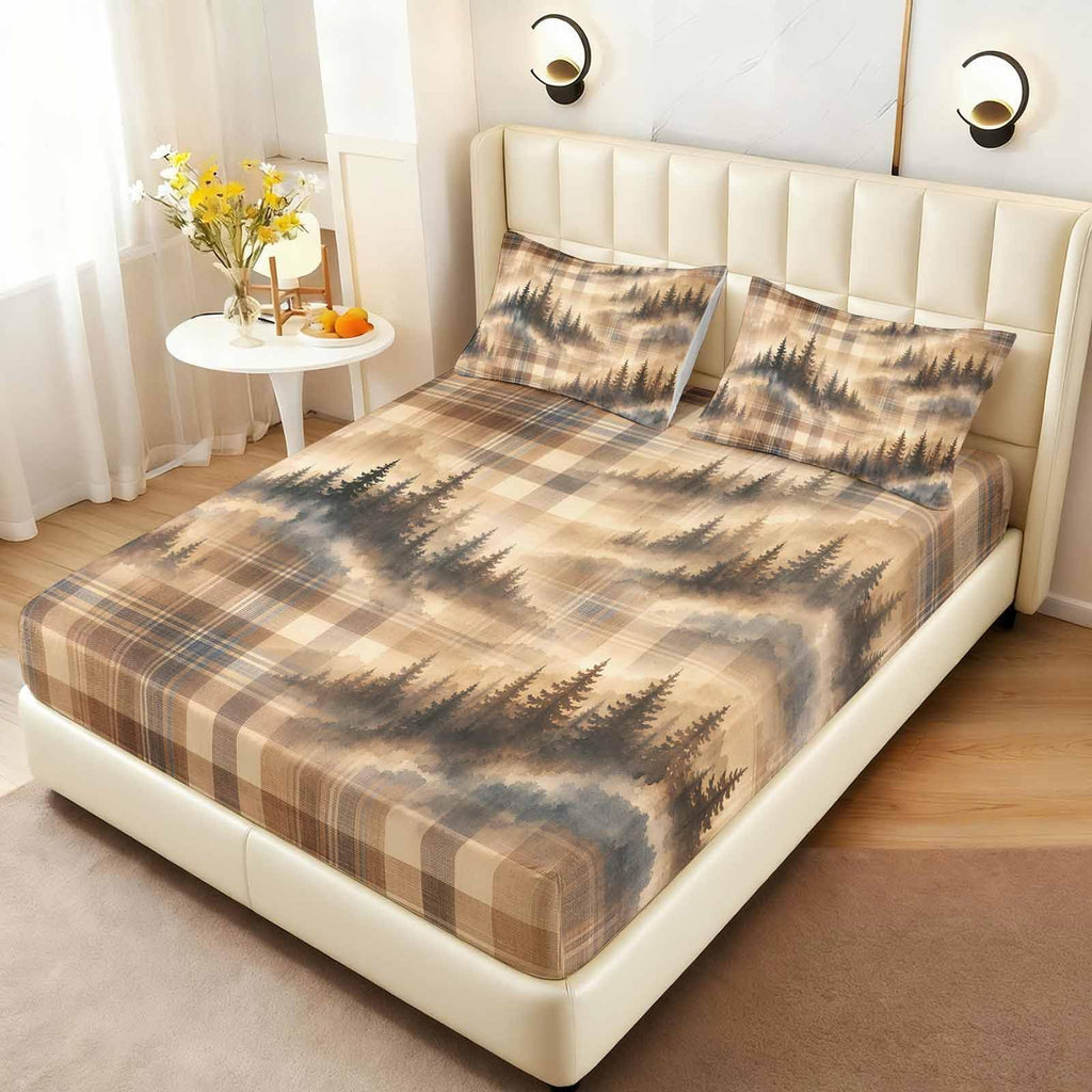 Woodland Pine Fitted Sheet Set, Beige Check 3-Piece Soft Microfiber Bedding with 2 Pillowcases, 16 Inch Deep
