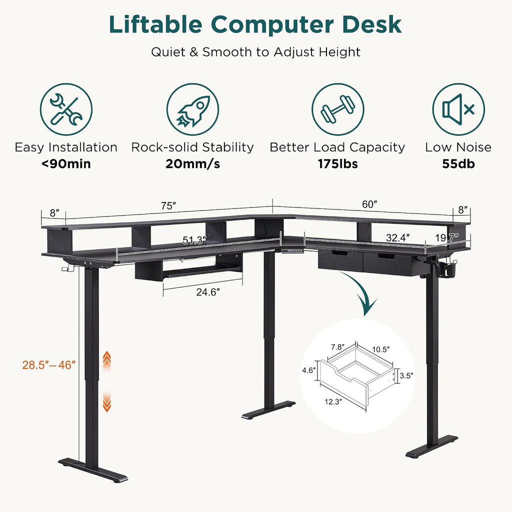 75x60 Inches L Shaped Electric Standing Desk, Carbon Fiber Black | Height Adjustable Corner Gaming Desk with Drawer