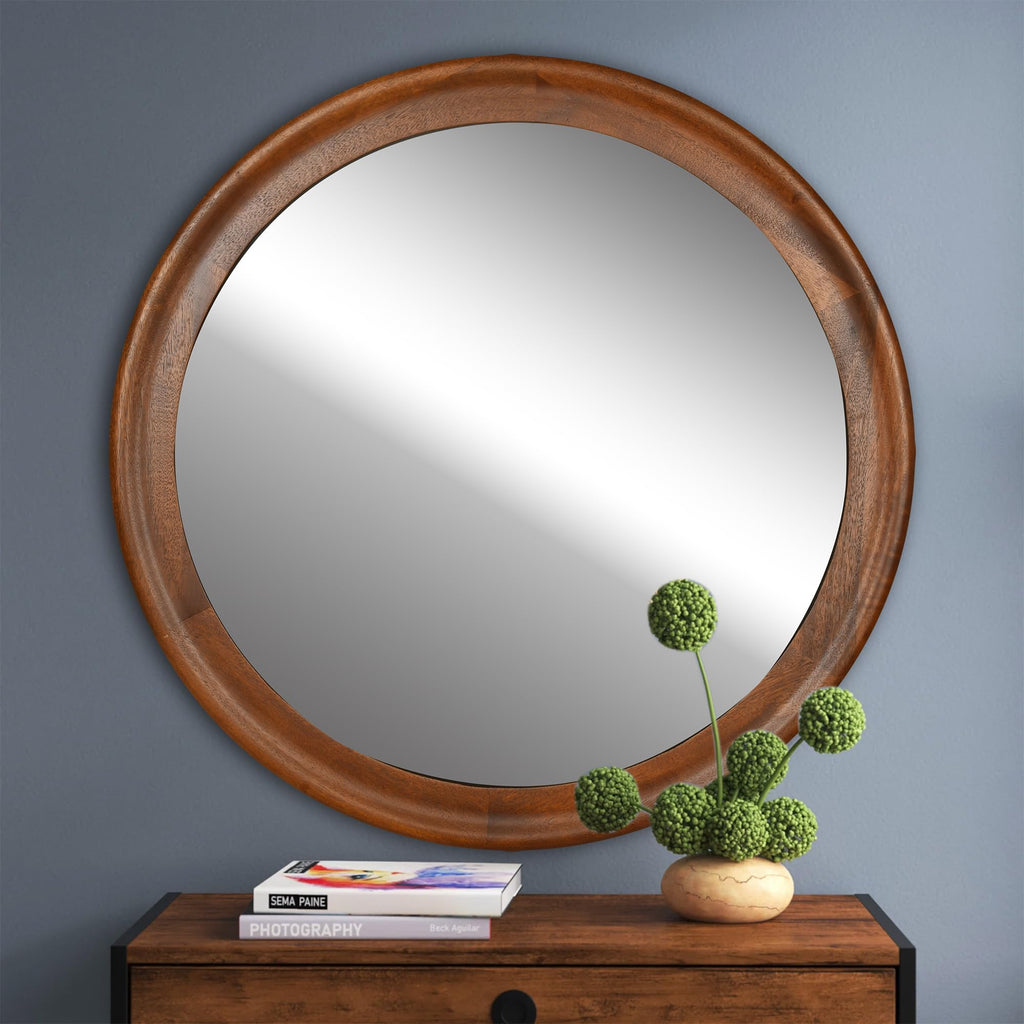 Round Wall Mirrors 30 Inch,Wood Mirror with Walnut Frame