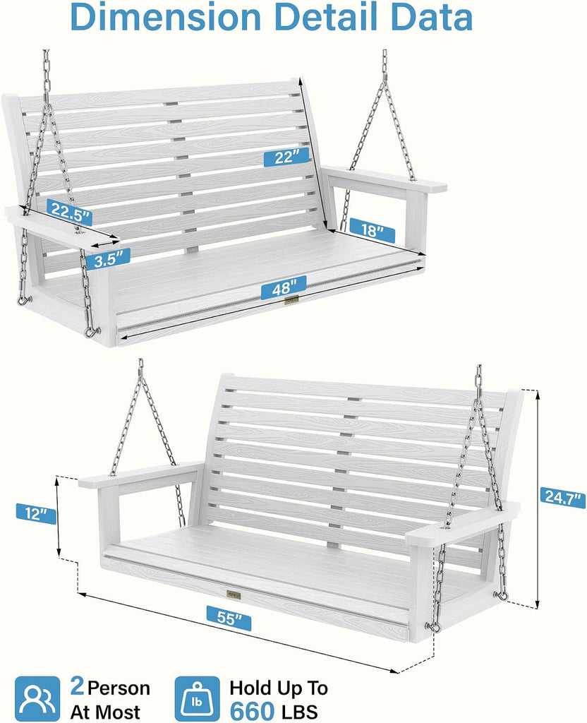 48in/4FT 2 Seater Hanging Porch Swing - White | Patio Swing Bench with Hanging Chain, All-Weather Swing Chair Look
