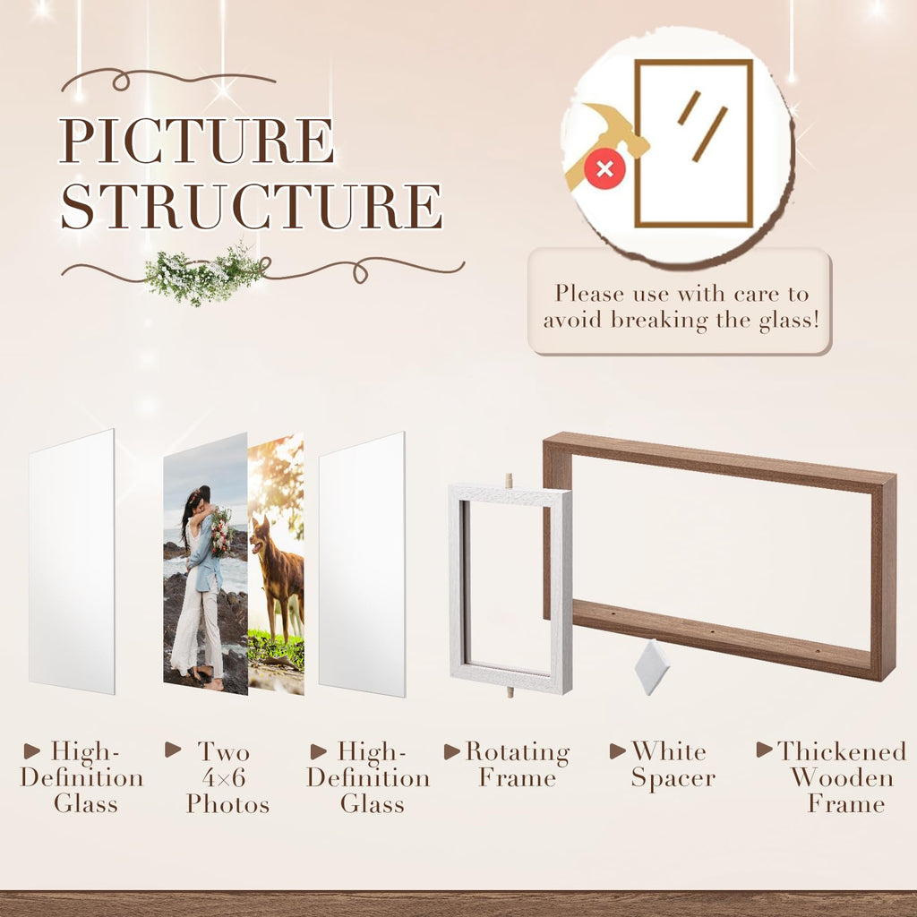 2 Pack 4x6 Rotating Picture Frame, Double-sided Display 6 Photos Rustic Wood Hinged Folding Triple Collage Photo