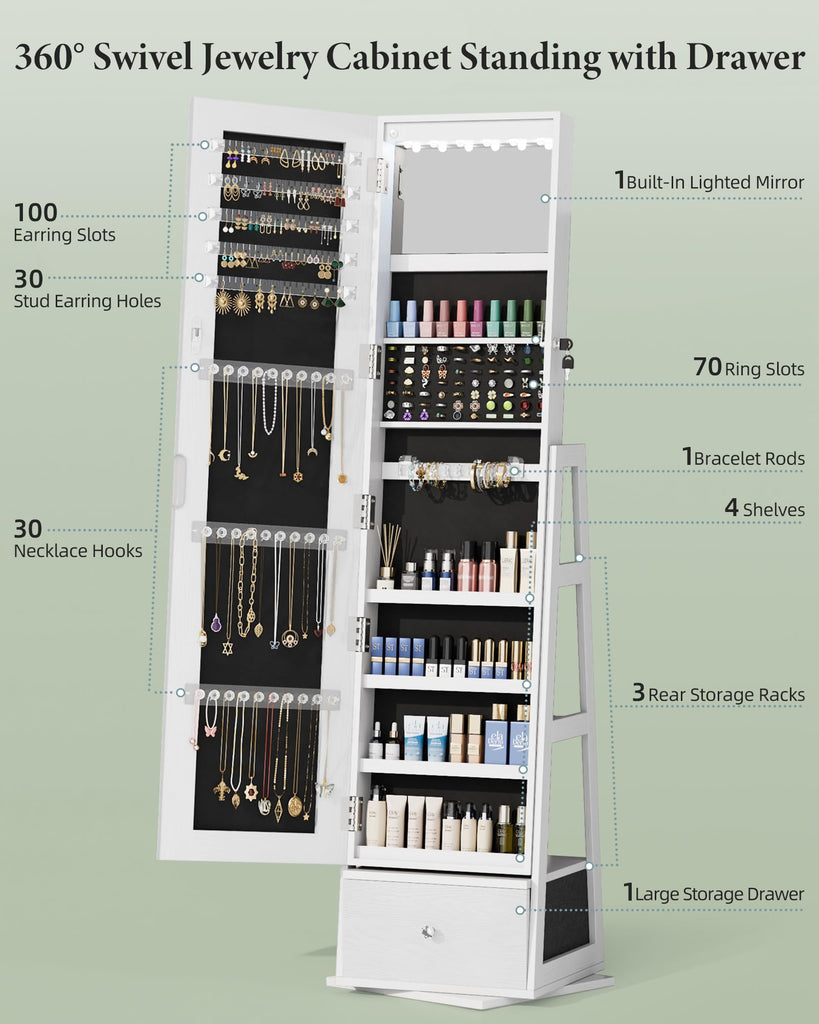 Jewelry Armoire with Bottom Drawer Rotatable Jewelry Cabinet, White