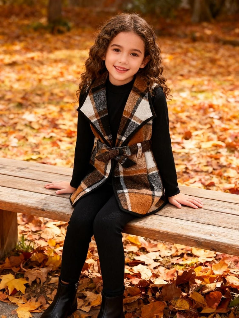 Kid Girls Clothes 3 Piece Outfits Plaid Flannel Belted Vest & Long Sleeve Top and Pants- Fall Clothing Sets