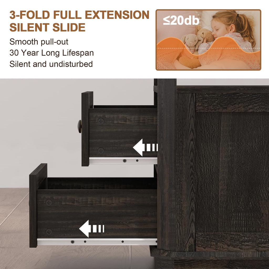 Set of 2 with Charging Station, 24" Tall Sofa Side Table with Rattan Drawer, Anti-Collision Angle Wooden Night Stand .