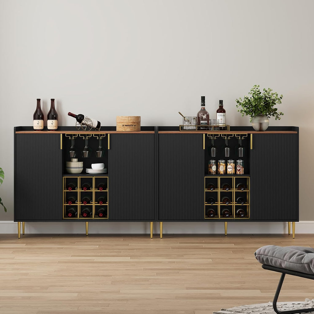 48" Wine Bar Cabinet with Fluted Texture, Buffet Sideboard, Black | Modern Storage Cabinet with Wine Rack & Glass