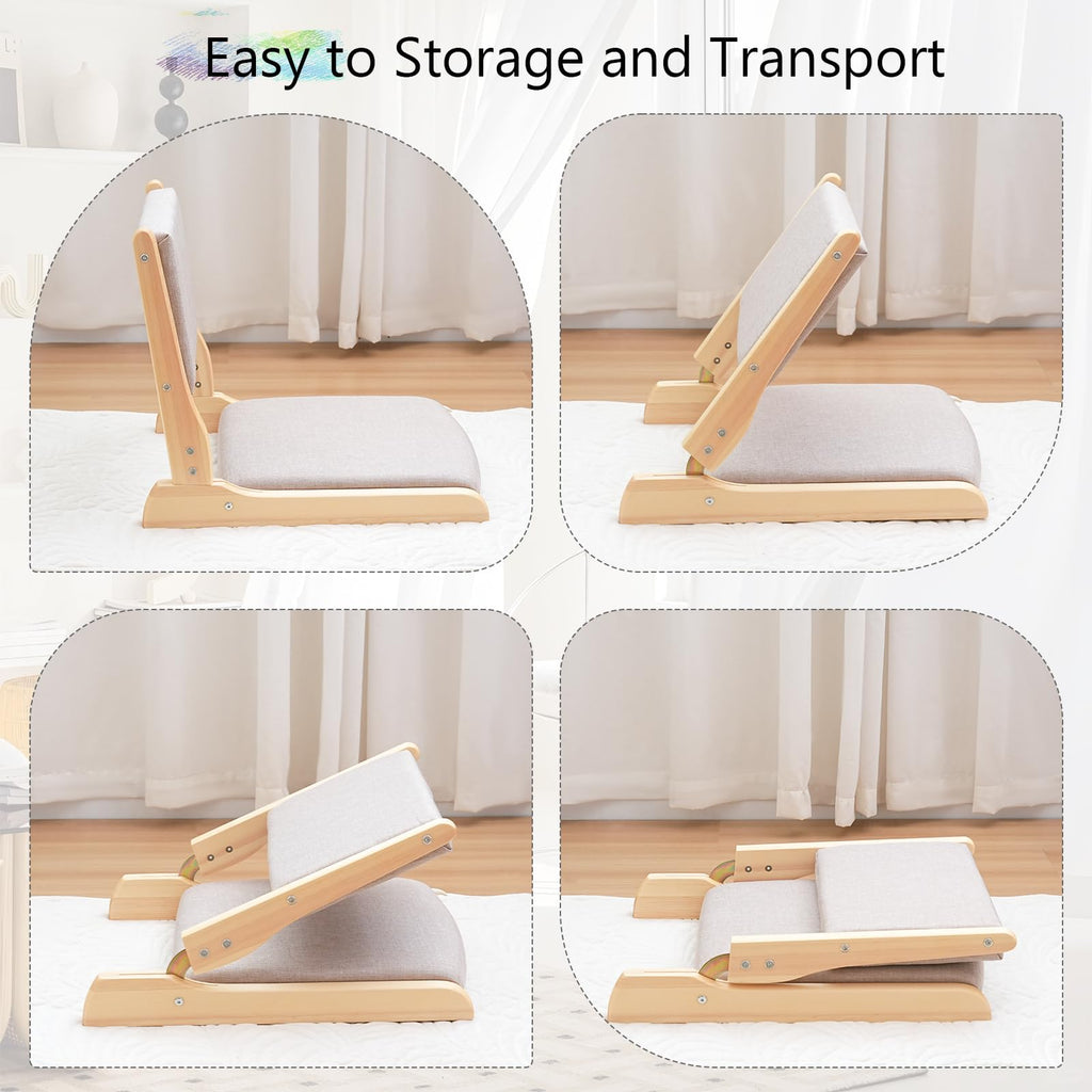 Japanese Floor Chair with Back Support, Foldable Meditation Chair, Legless Tatami Chair with Cushion, Floor Seat