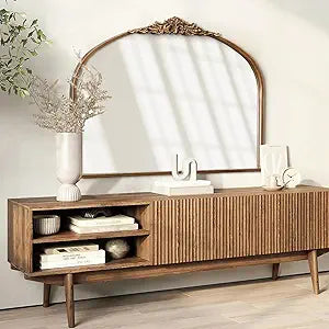 Vintage Arched Mirror, 36 x 30 Inches Large Antique Brass Gold Wall Mirror Decorative Ornate Baroque Arch Style