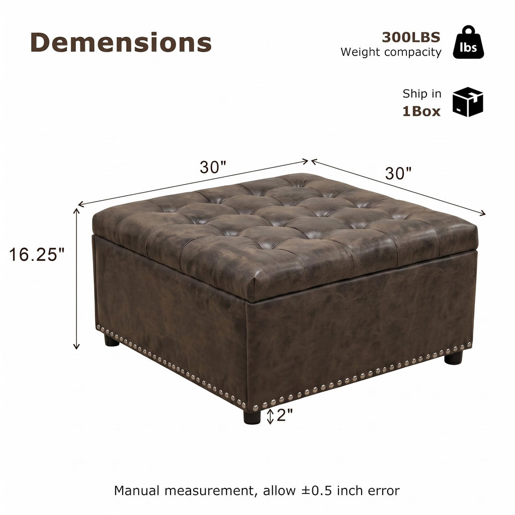 30"PU Leather Square Storage Ottoman Versatile Coffee Table( 30", Coffee)