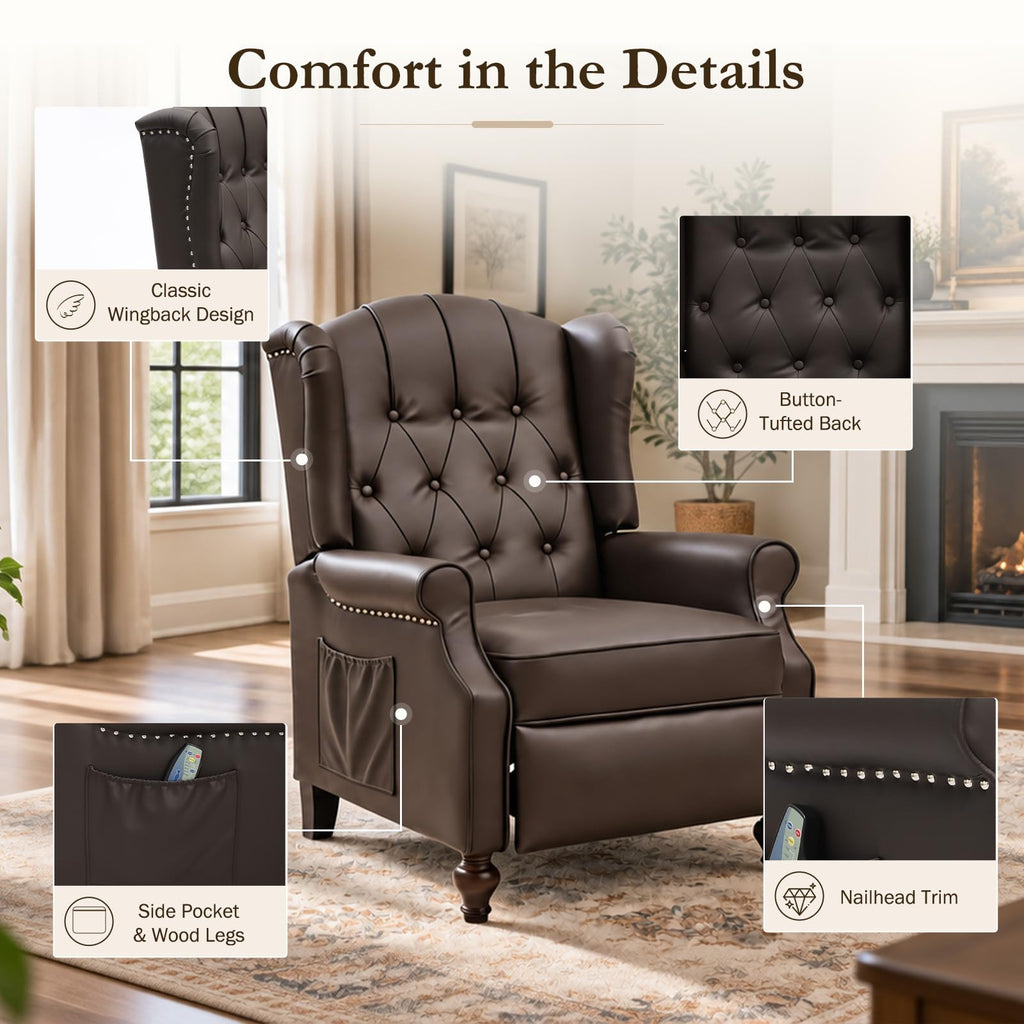 Wingback Recliner Chair, Massage & Heat, Faux Leather, Brown