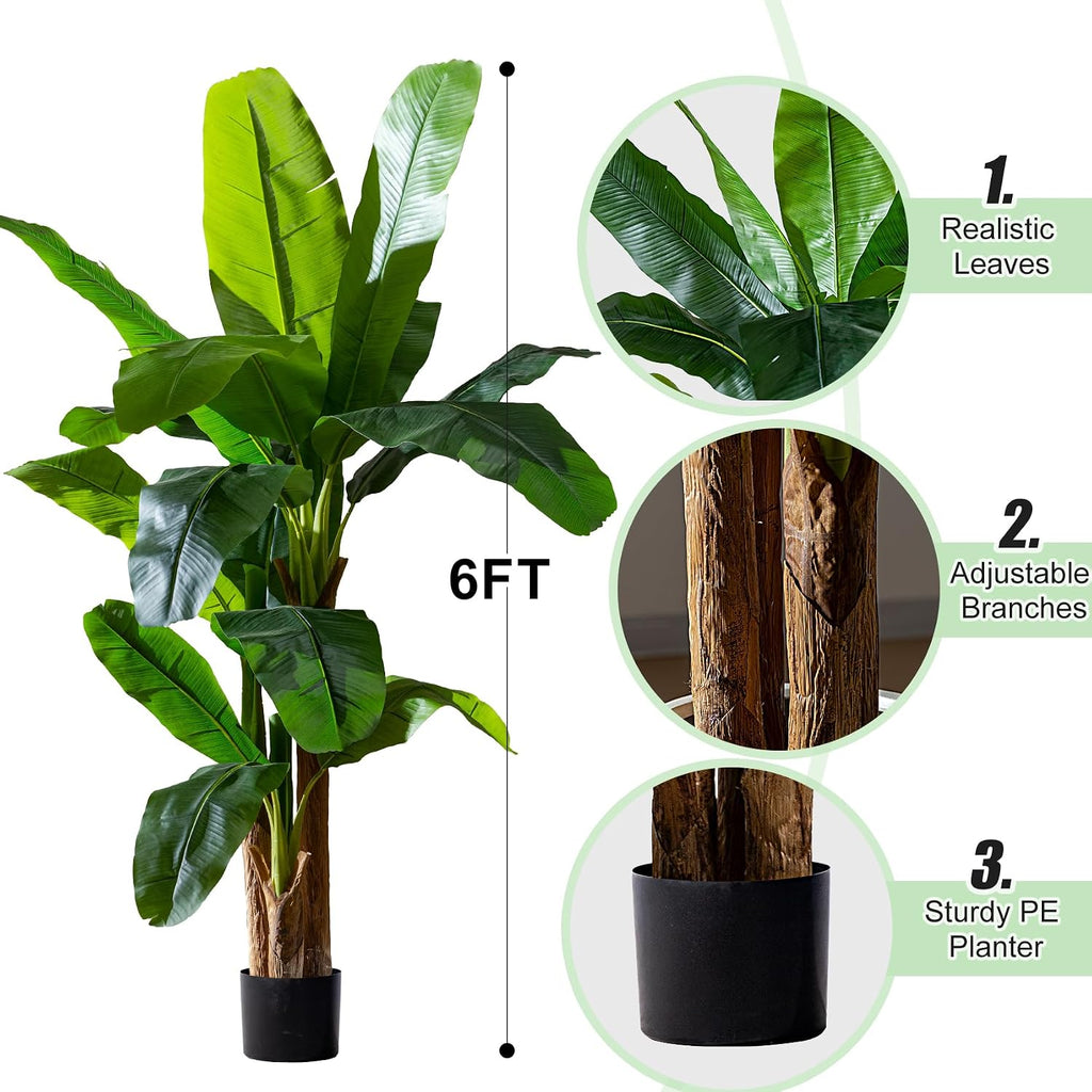Artificial Banana Tree 6ft, Faux Tropical Palm Tree Plant with Realistic Leaves, Low Maintenance Indoor Outdoor Decor