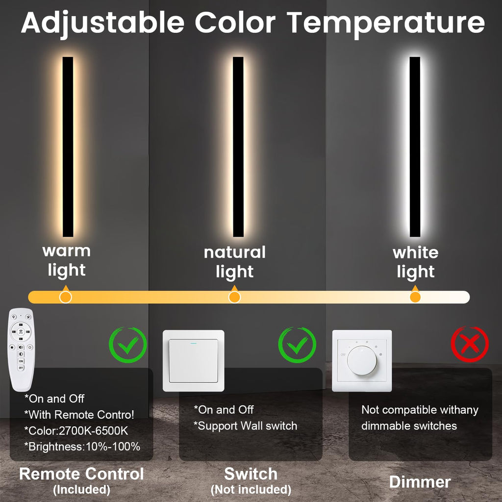 Outdoor Wall Light Fixture - 39inch Black Exterior Sconces, Outside Garage Exterior Lights, Dimmable Modern Outdoor