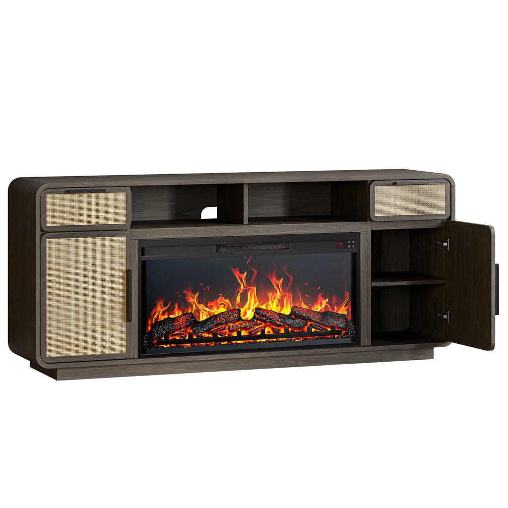 68" TV Stand for TV Up to 75", Boho Entertainment Center with 36" Electric Fireplace Heater with Sound, Rattan