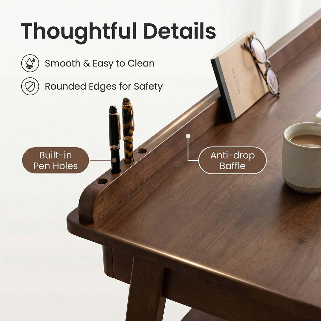 Solid Wood Writing Desk with Drawers, 47" Mid-Century Modern Walnut Desk with Storage Shelf and Side Hooks, Home