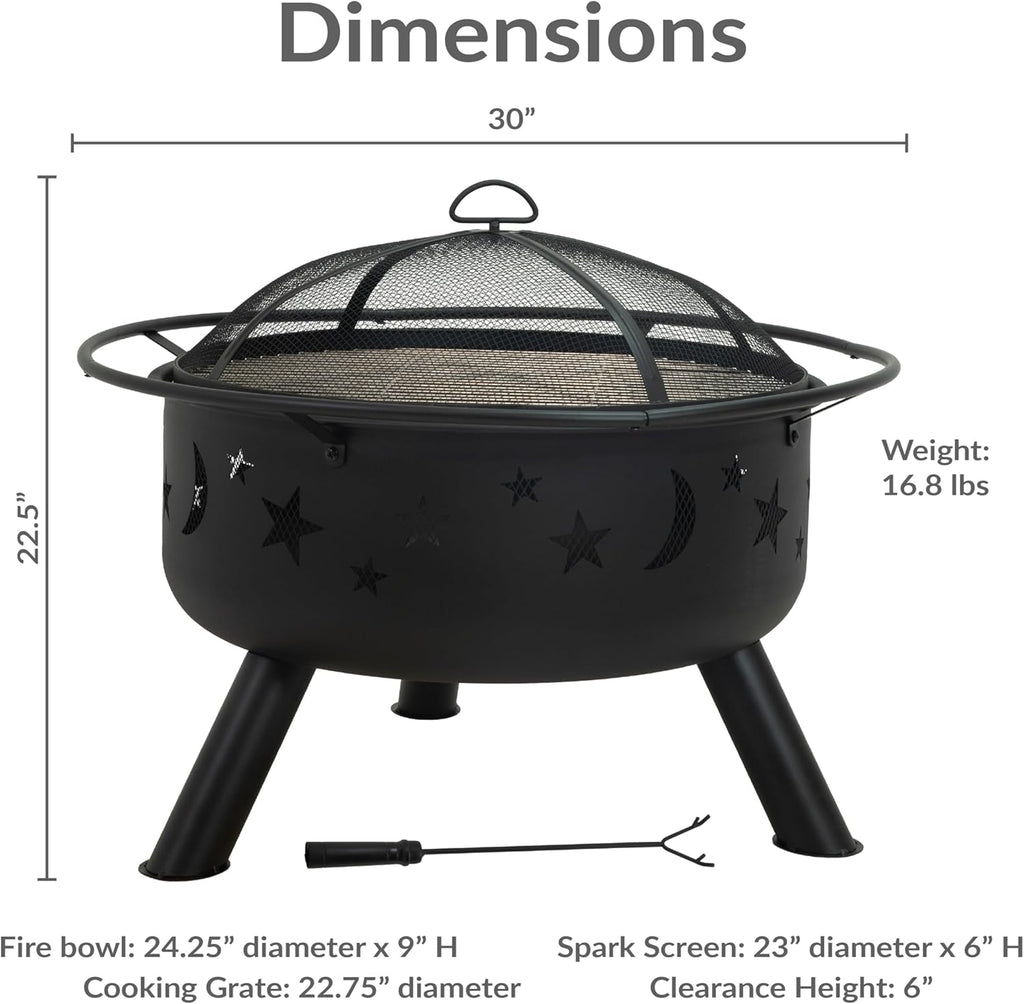 Cosmic 30-Inch Outdoor Fire Pit with Grill Grate, Spark Screen, and Fireplace Poker