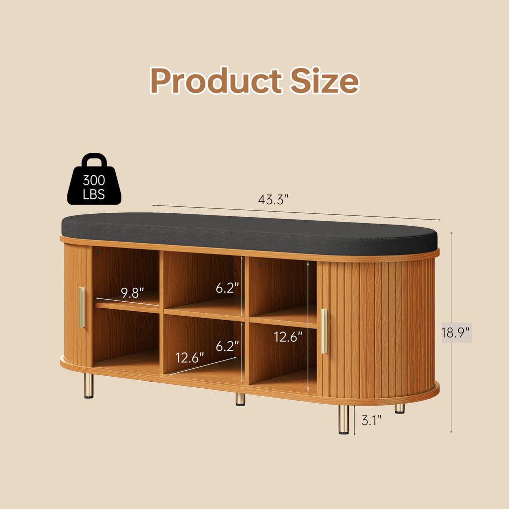 2-Tier Storage Bench, Wide Shoe Bench with Thickened Padded Seat Cushion, Mid Century Modern Fluted Sliding Door and